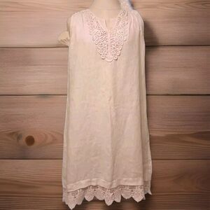 Carla Conti Prairie 100% Linen Dress Lace Boho Tunic Cream Italy Sz XS